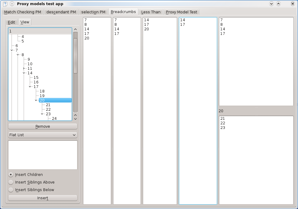 "KBreadcrumbSelectionModel in several configurations"