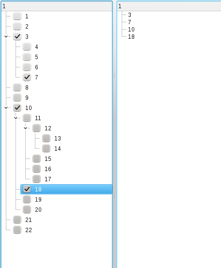 "A KCheckableProxyModel and KSelectionProxyModel showing checked items"